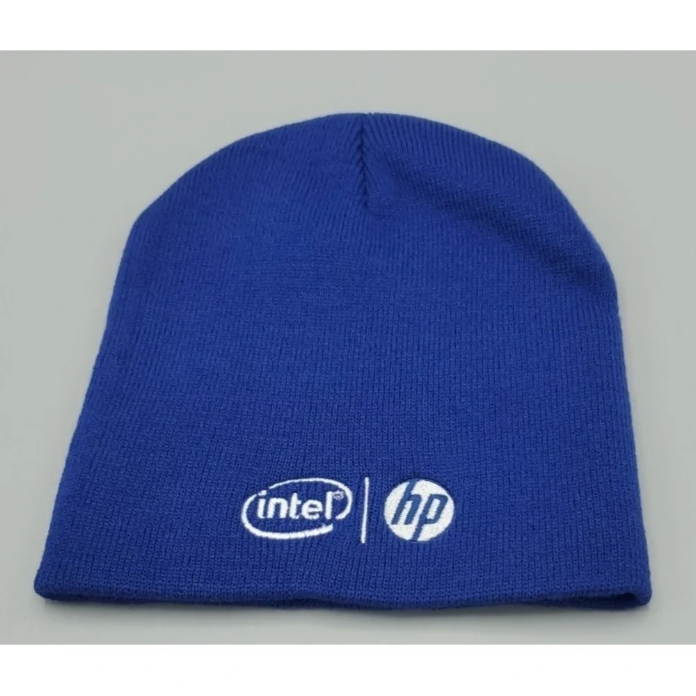 Vintage Intel HP Tech Company Embroidered Blue‎ Beanie Knit Watch Cap Toboggan